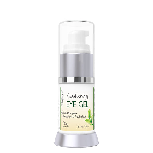 A pump bottle of Deluvia Awakening Eye Gel