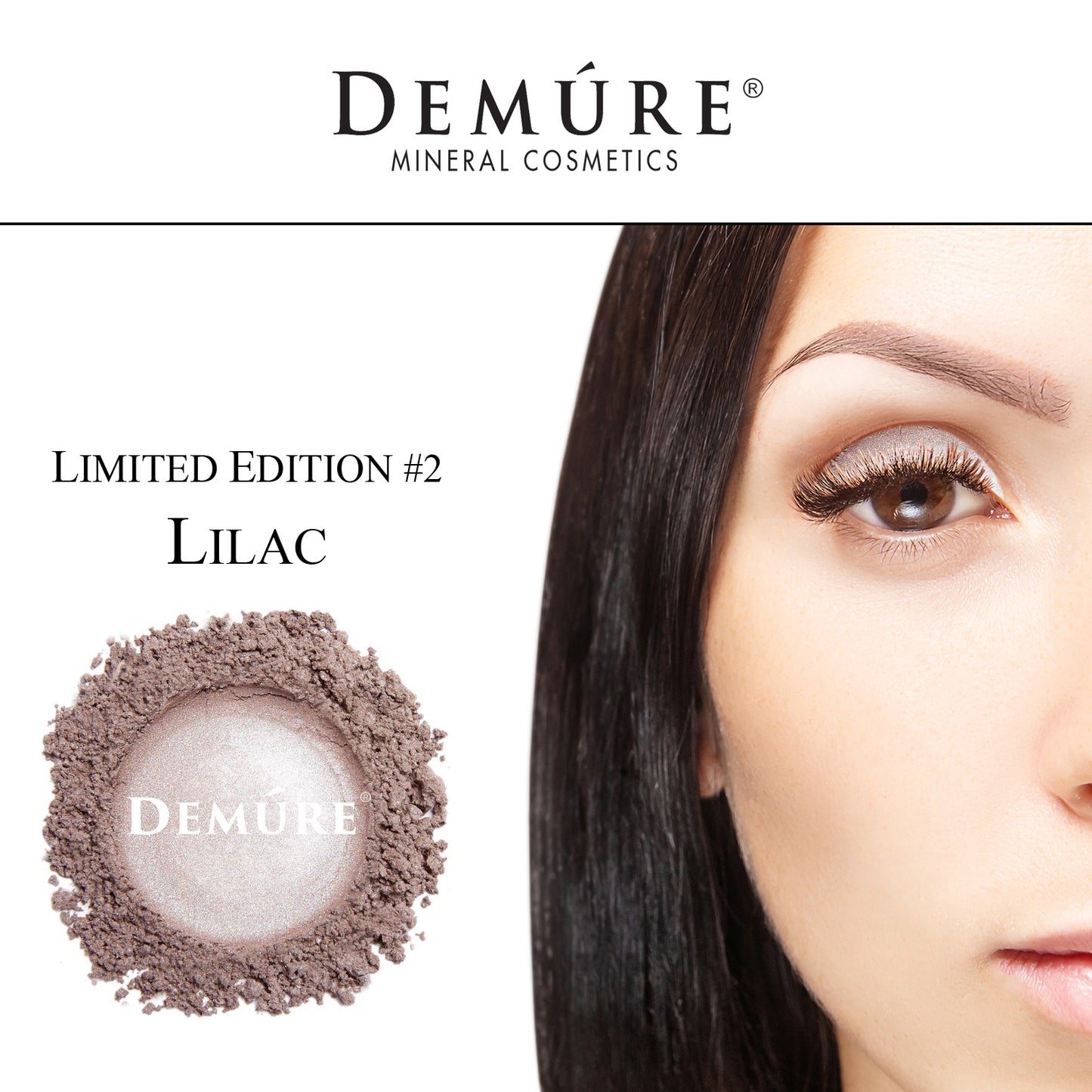 Woman's face close up with Limited Edition Lilac Frost eye color on her eye lid