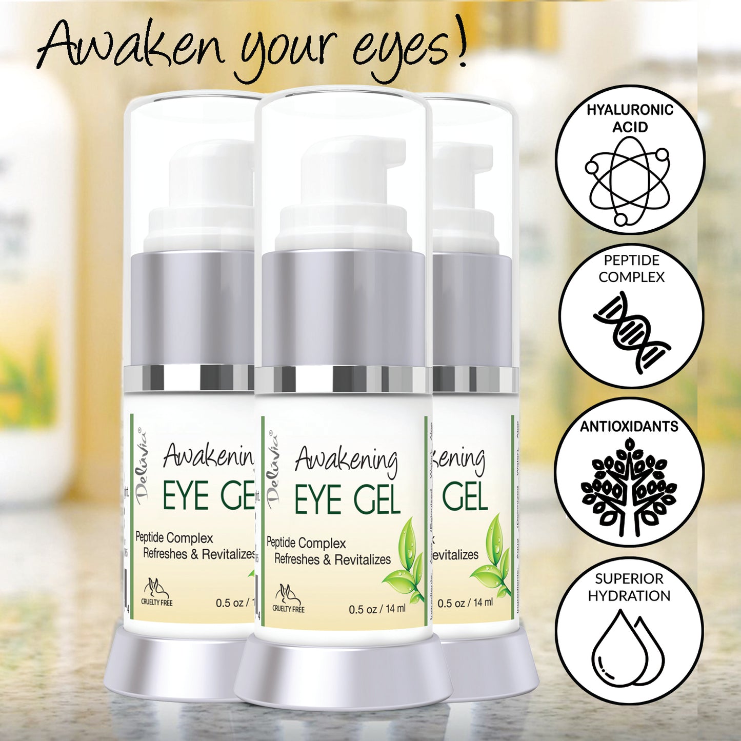 Three pump bottles of Awakening Eye Gel together and list of key ingredients