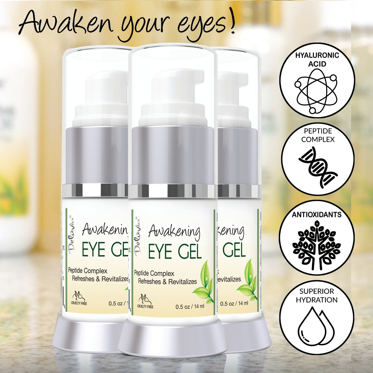 Three pump bottles of Awakening Eye Gel together and list of key ingredients