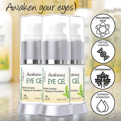 Three pump bottles of Awakening Eye Gel together and list of key ingredients