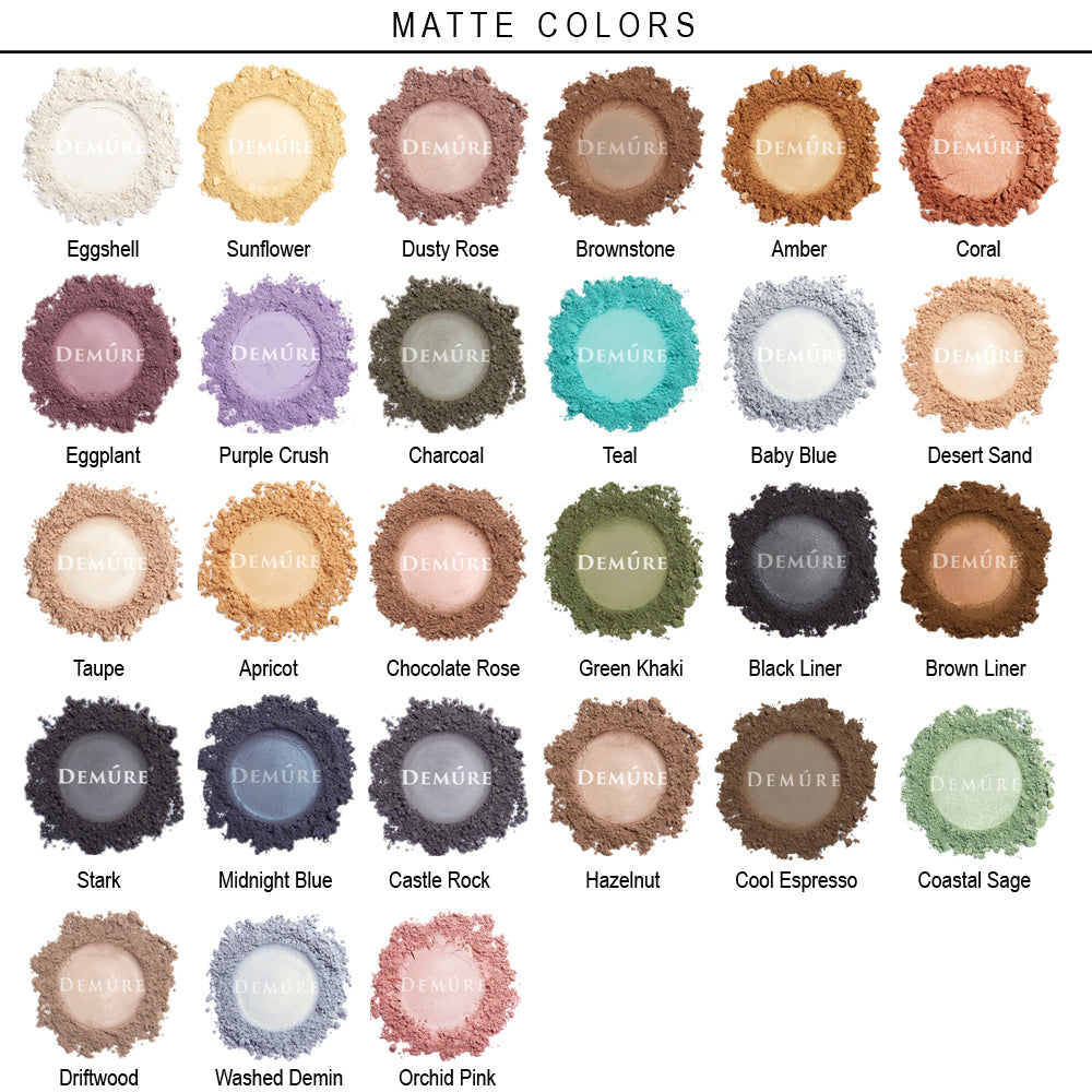 A color chart titled 'MATTE COLORS' showing many circular powder swatches labeled with shade names such as Eggshell, Sunflower, Dusty Rose, Brownstone, Amber, Coral, Eggplant, Purple Crush, Charcoal, Teal, Baby Blue, Desert Sand, Taupe, Apricot, Chocolate Rose, Green Khaki, Black Liner, Brown Liner, Stank, Midnight Blue, Castle Rock, Hazelnut, Cool Espresso, Coastal Sage, Driftwood, Washed Demin, and Orchid Pink.