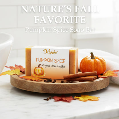 Pumpkin Spice soap bar on a wooden tray with pumpkins and cinnamon sticks, labeled 'Nature's Fall Favorite'.