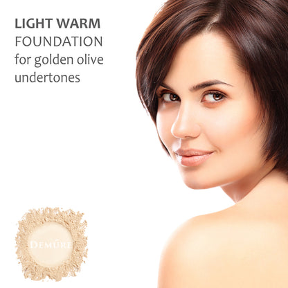 A photo of a woman wearing Demure Light Warm foundation for golden, olive undertones