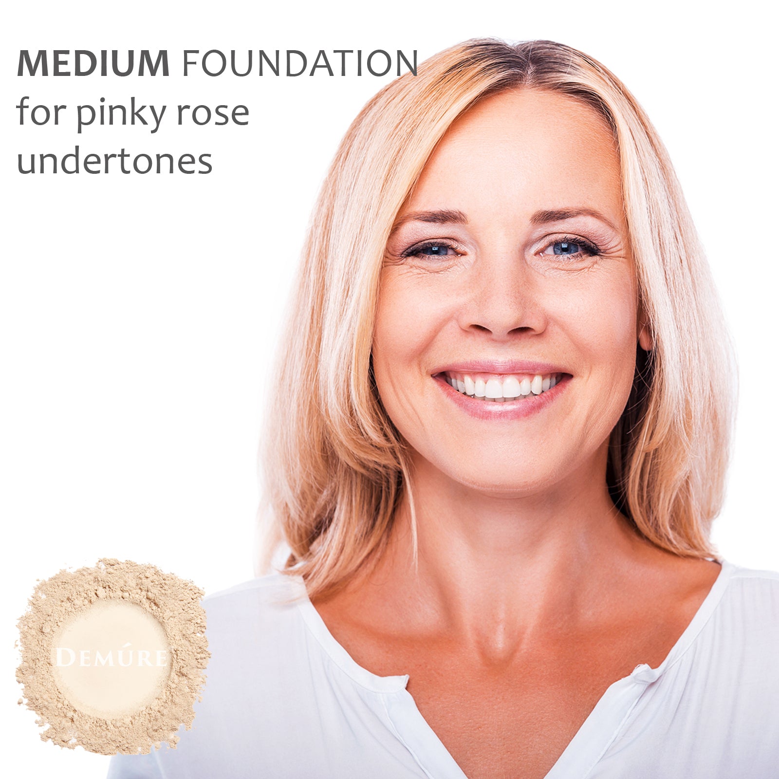 A photo of a woman wearing Demure Medium foundation for pinky rose undertones