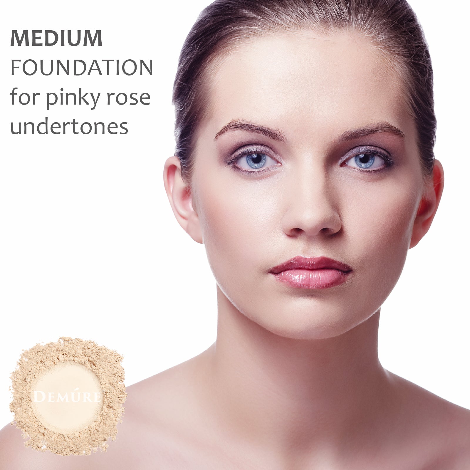 A photo of a woman wearing Demure Medium foundation for pinky rose undertones