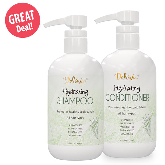 Bottle set of Deluvia Hydrating Shampoo and Conditioner on a white background with a 'Great Deal!' label.
