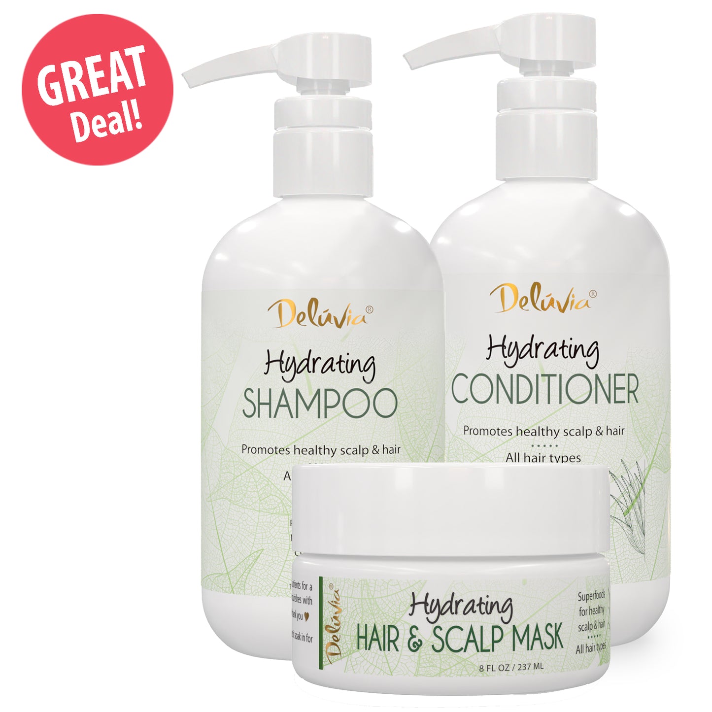 Three bottles of Delivie Hydrating Shampoo, Conditioner, and Mask on a white background with 'Great Deal!' text.