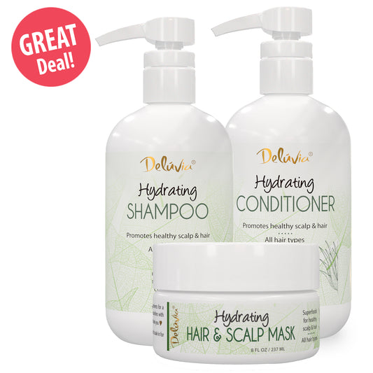 Three bottles of Delivie Hydrating Shampoo, Conditioner, and Mask on a white background with 'Great Deal!' text.