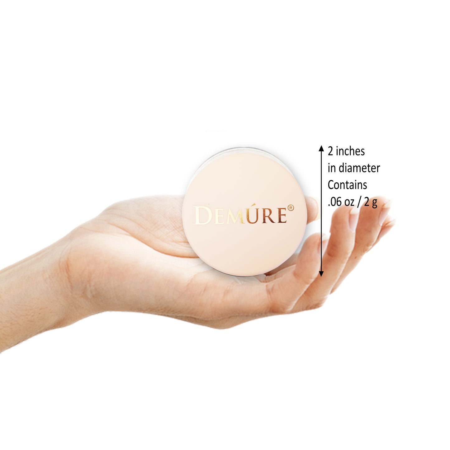 Hand holding a Demure Blush Jar with text indicating its size and weight.