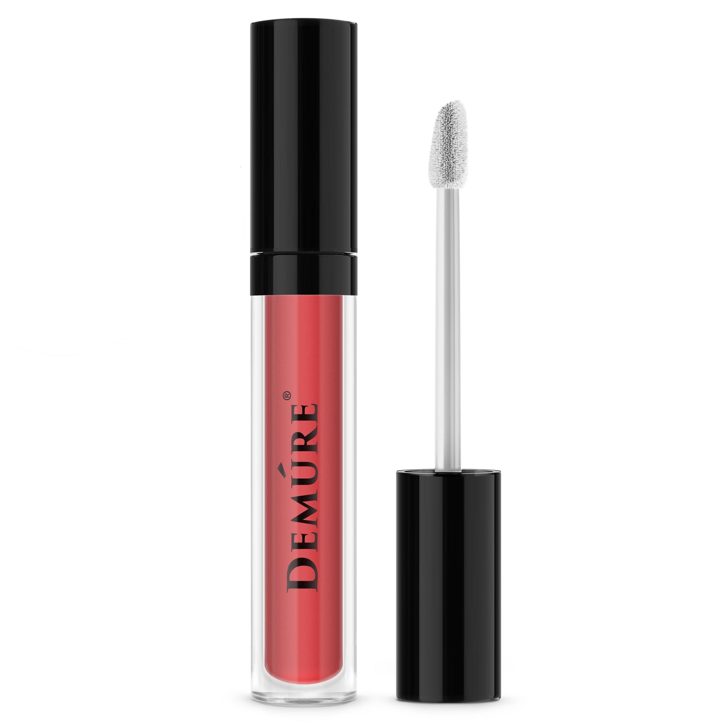 A tube of Demure Matte Liquid Lipstick Charmed 119 with a black cap, alongside an application brush.