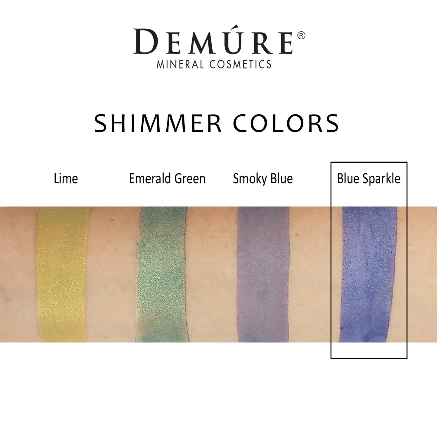 Woman's arm with Blue Sparkle, Smoky Blue, Emerald Green and Lime Eye Color swatches