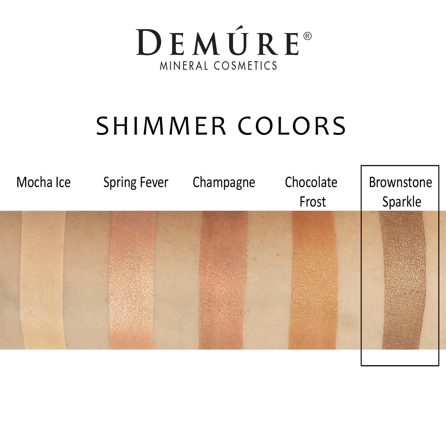 Woman's arm with a swatch of Brownstone Sparkle eye color as well as four other complimentary colors