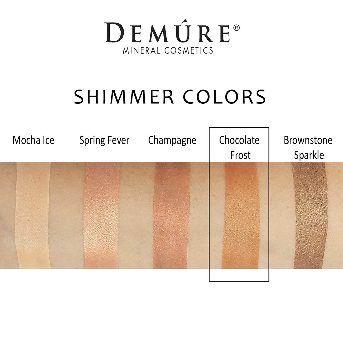 Woman's arm with a swatch of Chocolate Frost eye color as well as four other complimentary colors