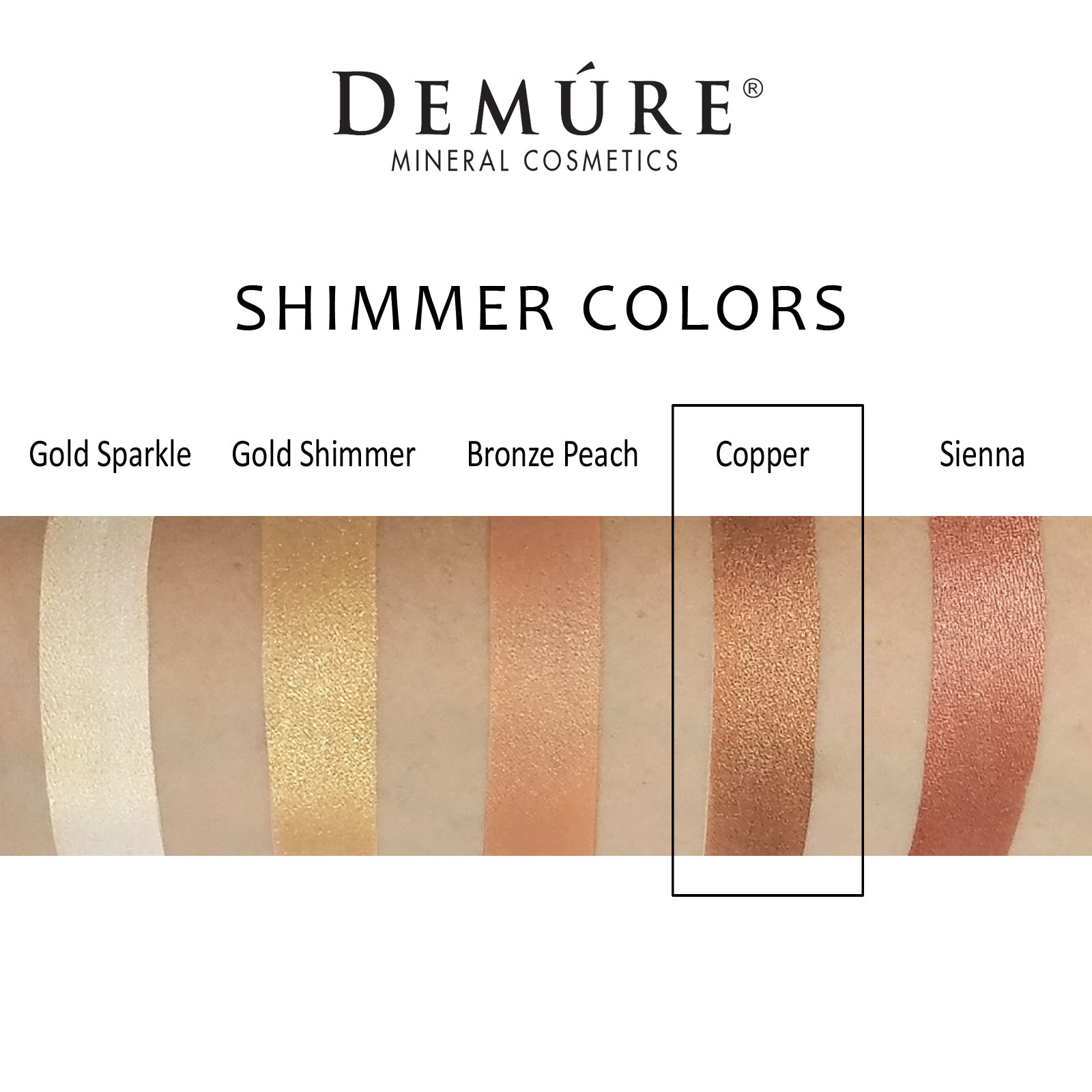 Woman's arm with a swatch of Copper eye color as well as four other complimentary colors