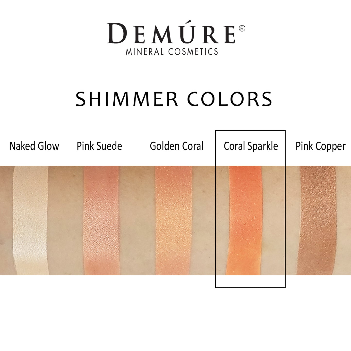 Woman's arm with a variety of shimmer color swatches including Coral Sparkle eye color.