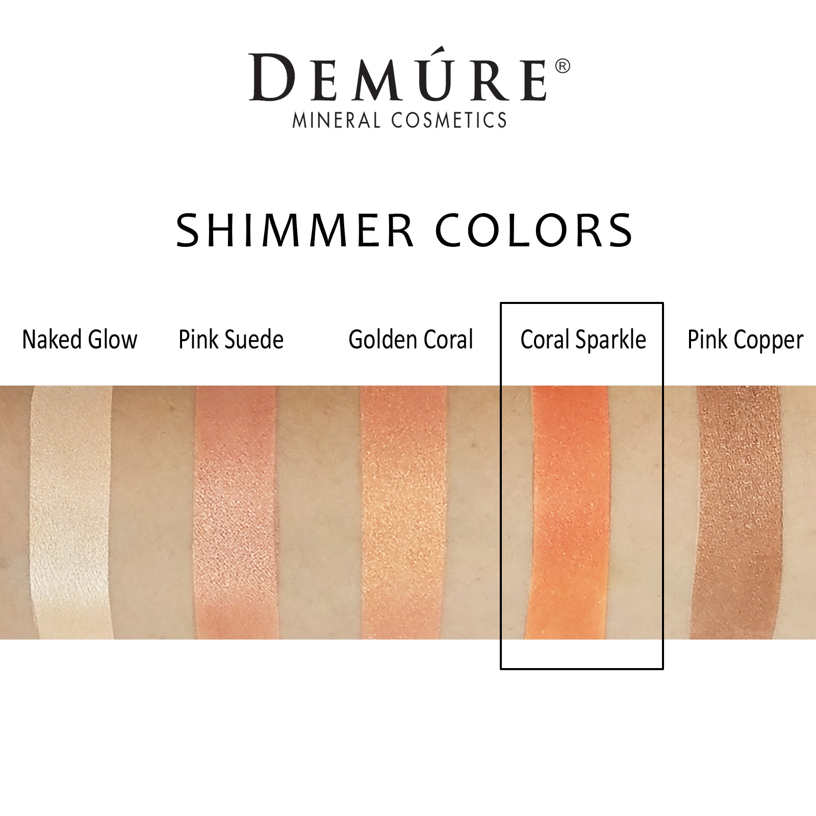 Woman's arm with a variety of shimmer color swatches including Coral Sparkle eye color.