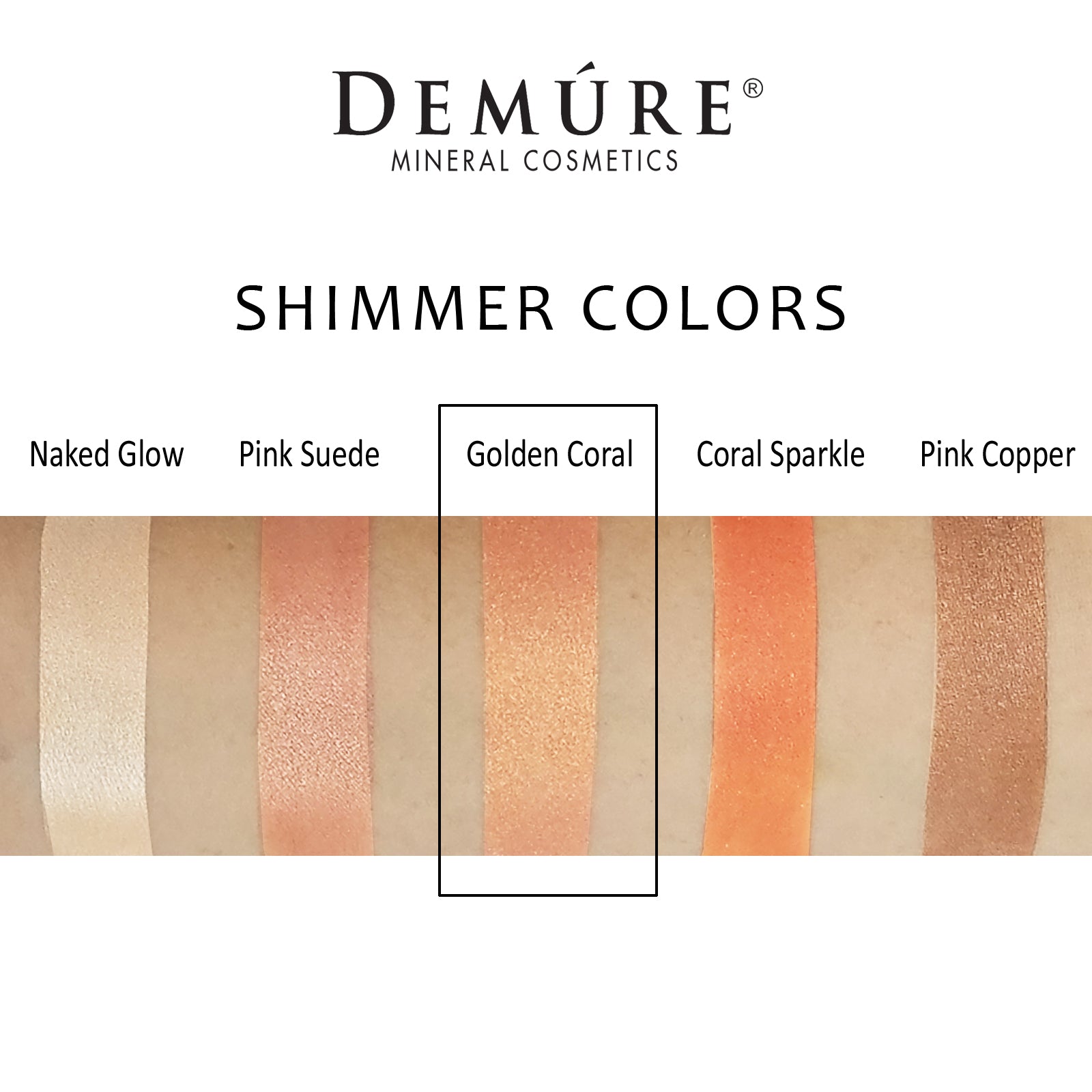 Woman's arm with a swatch of Golden Coral eye color as well as four other complimentary colors