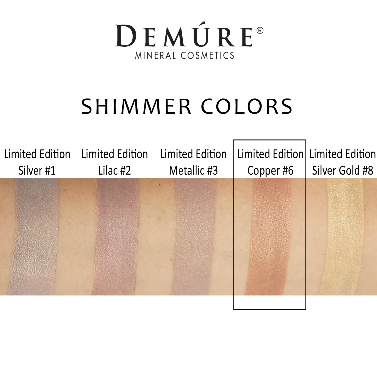 Woman's arm with a swatch of Limited Edition Light Copper eye color as well as four other complimentary colors