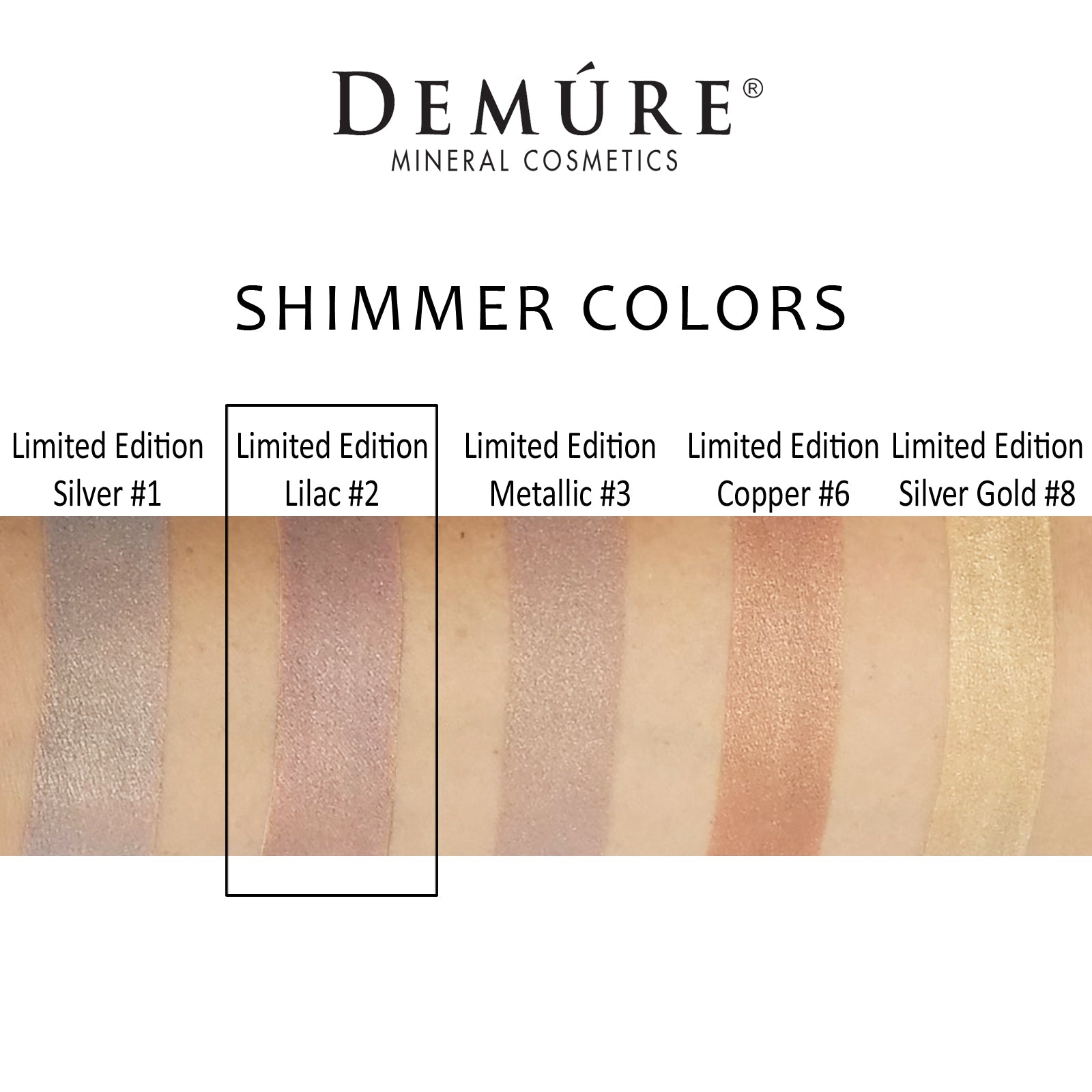 Woman's arm with a swatch of Limited Edition Lilac Frost eye color as well as four other complimentary colors