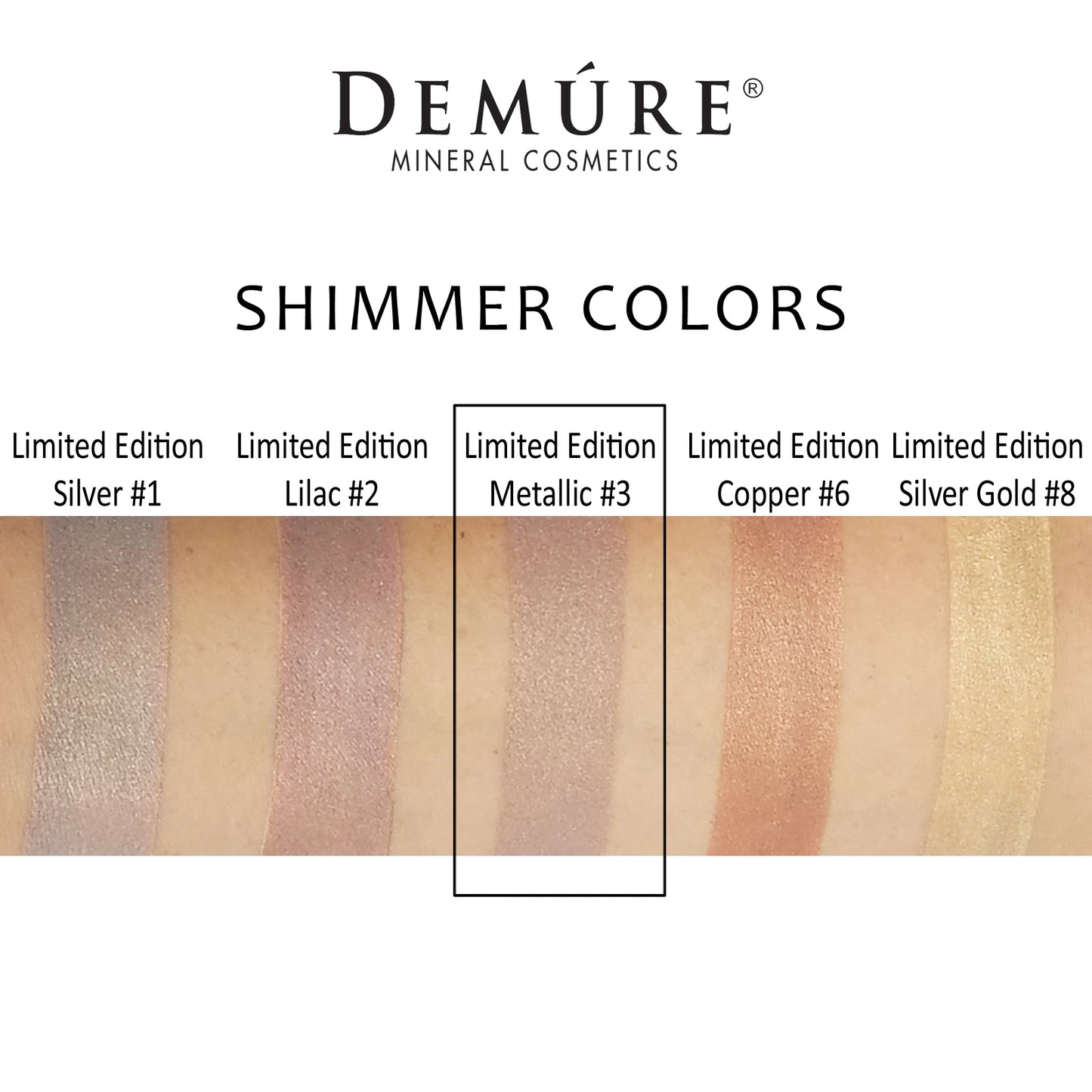 Woman's arm with a swatch of Limited Edition Metallic  eye color as well as four other complimentary colors