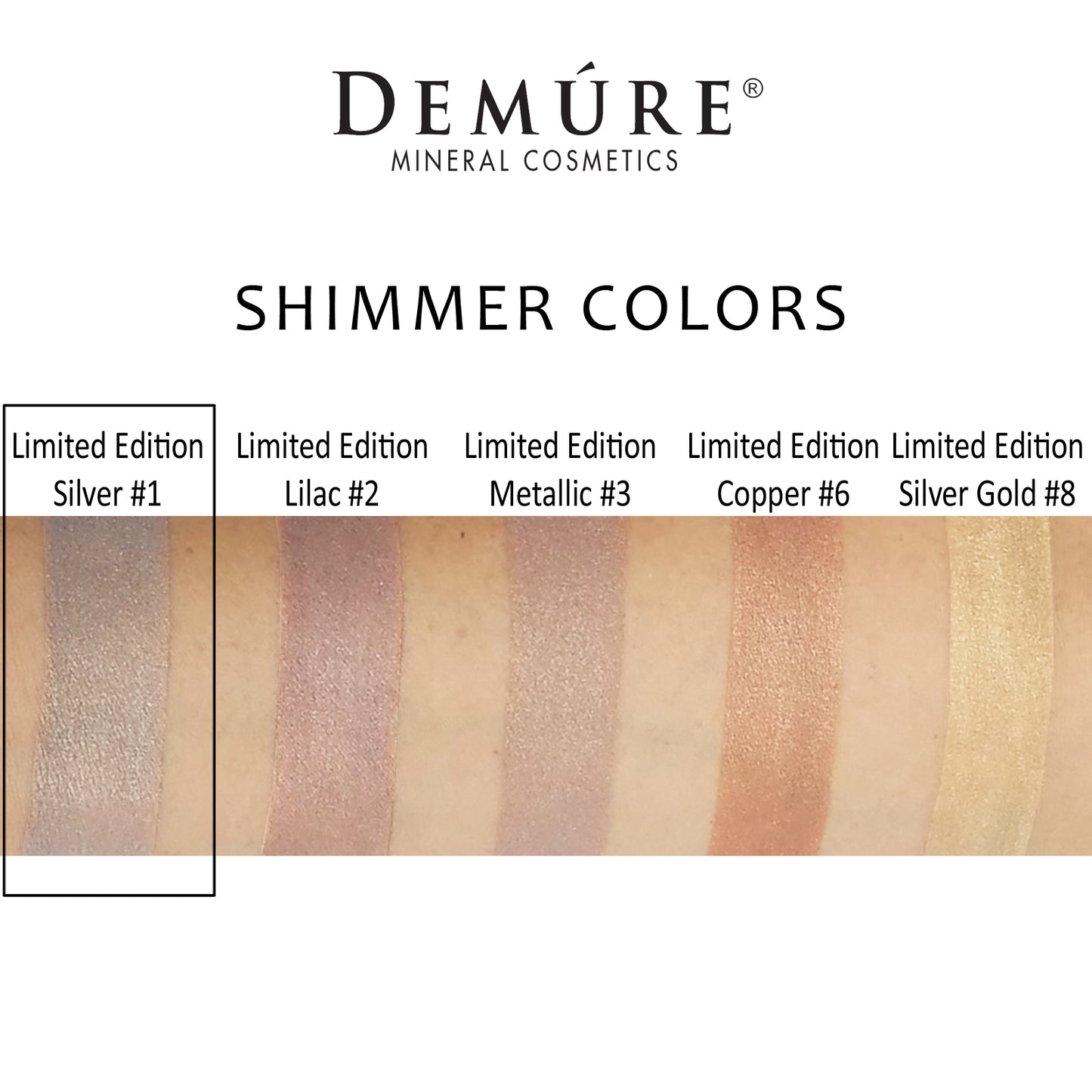 Woman's arm with a swatch of Limited Edition Silver eye color as well as four other complimentary colors