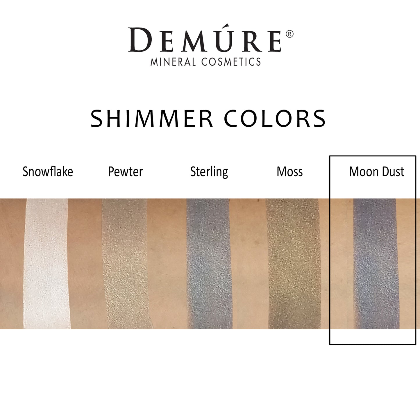 Woman's arm with a swatch of Moon Dust eye color as well as four other complimentary colors