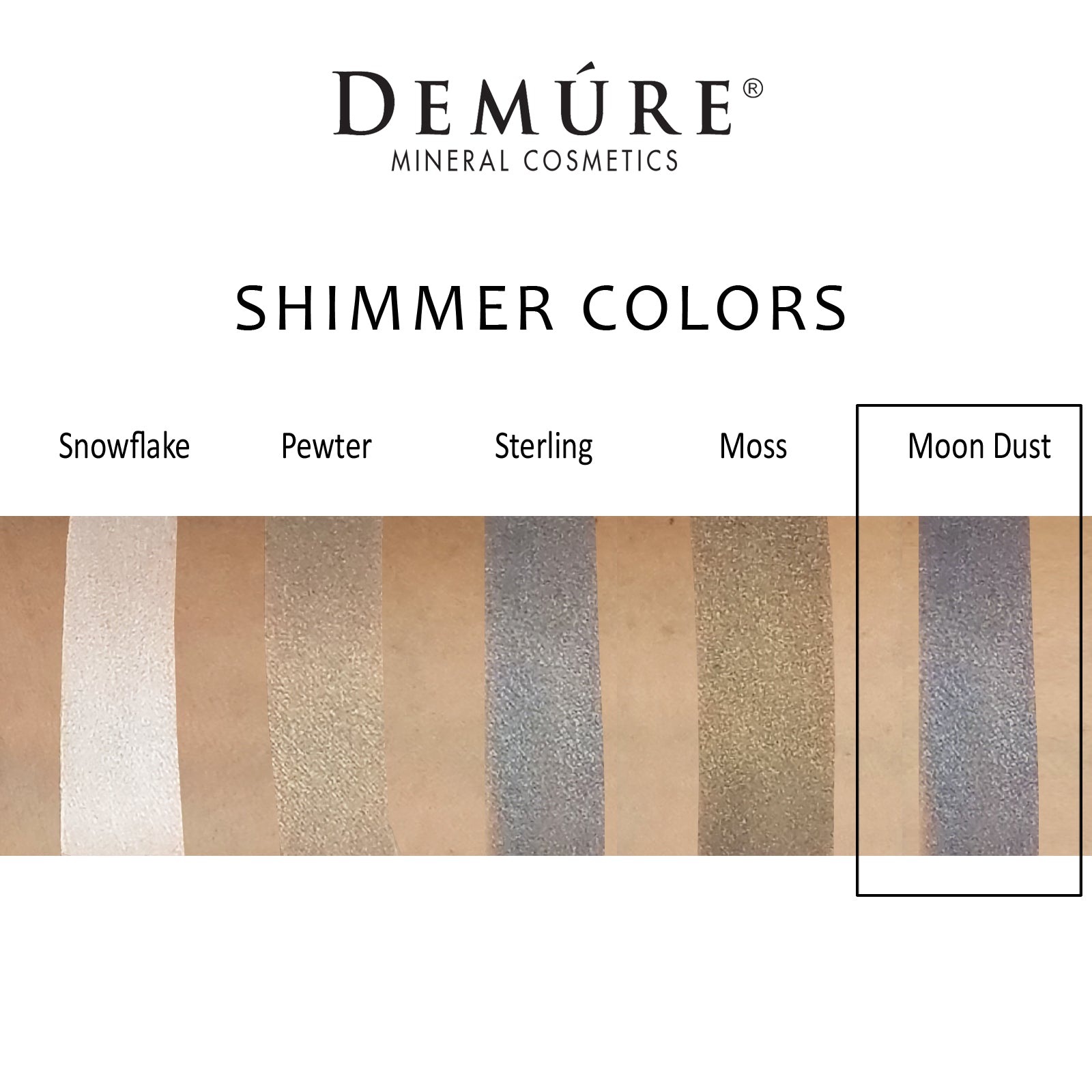 Woman's arm with a swatch of Moon Dust eye color as well as four other complimentary colors