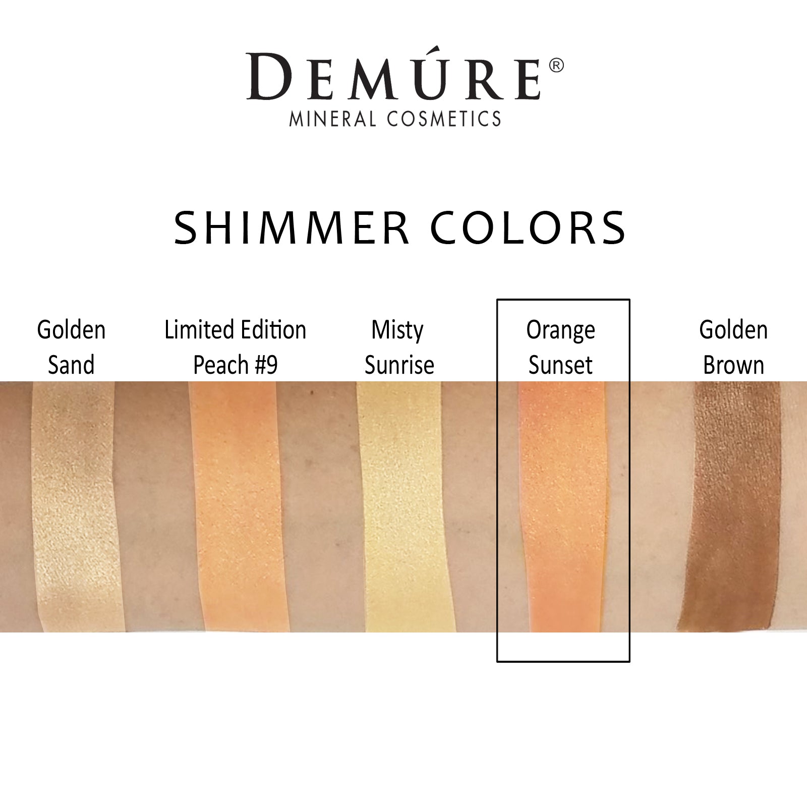 Woman's arm with a swatch of Orange Sunset eye color as well as four other complimentary colors