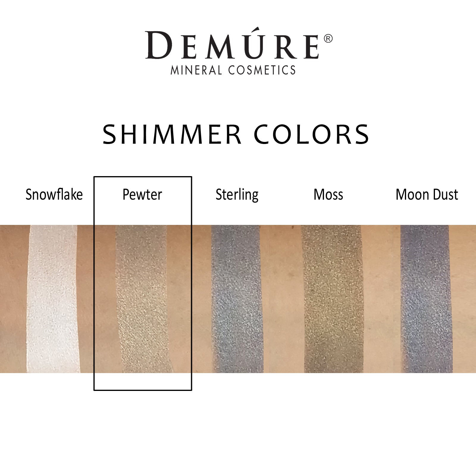 Woman's arm with a swatch of Pewter eye color as well as four other complimentary colors