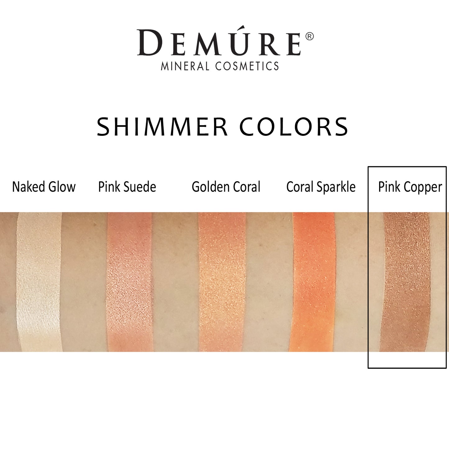 Woman's arm with a swatch of Pink Copper eye color as well as four other complimentary colors