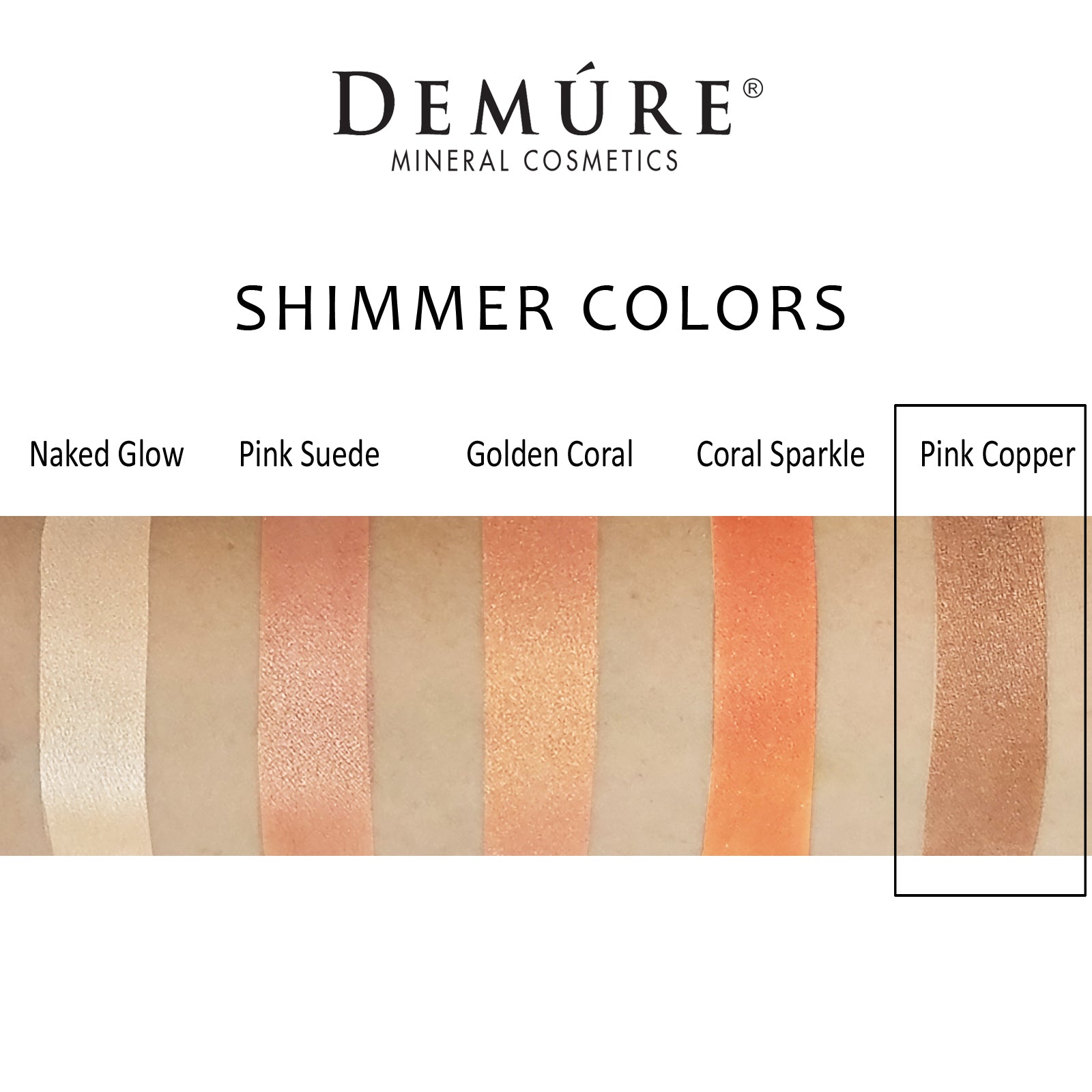 Woman's arm with a swatch of Pink Copper eye color as well as four other complimentary colors