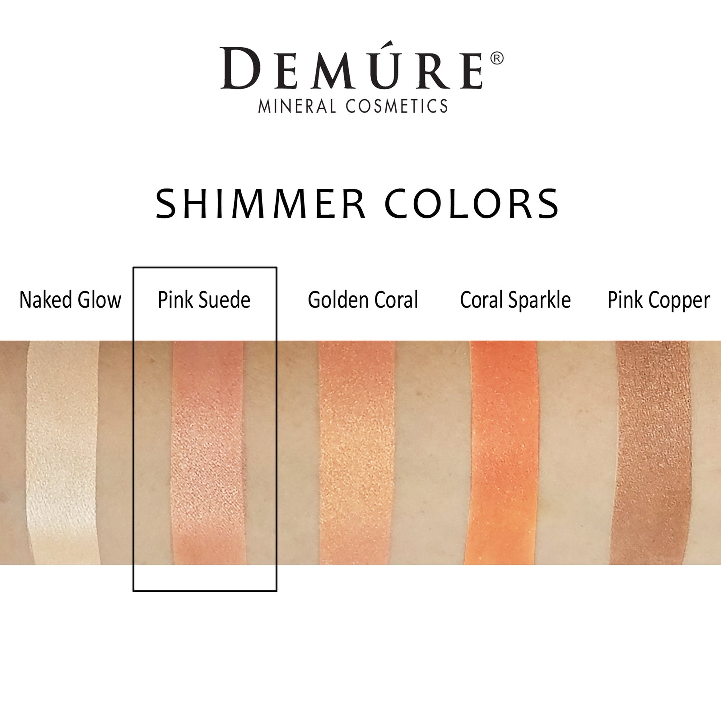 Woman's arm with a swatch of Pink Suede eye color as well as four other complimentary colors