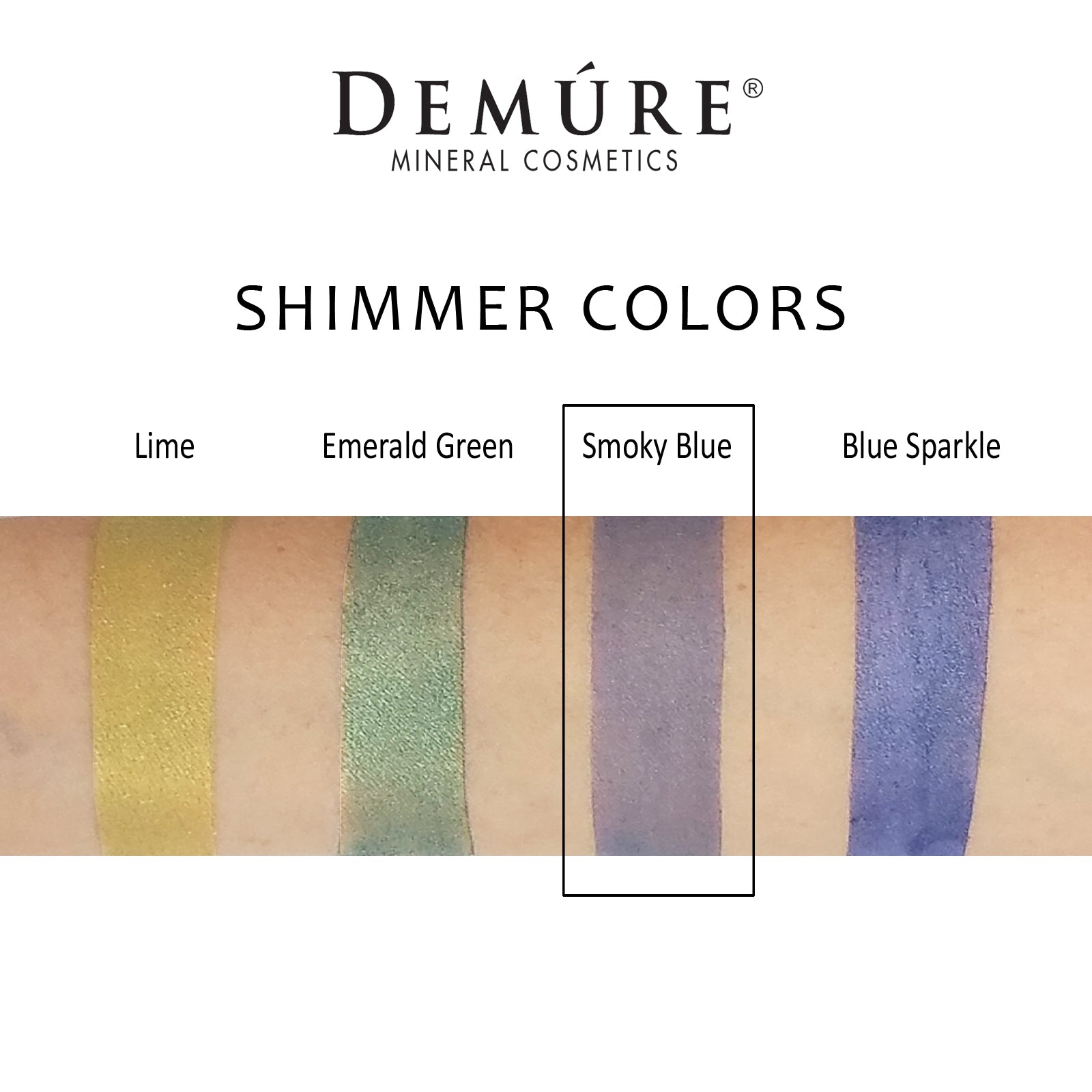 Woman's arm with a swatch of Smokey Blue eye color as well as four other complimentary colors