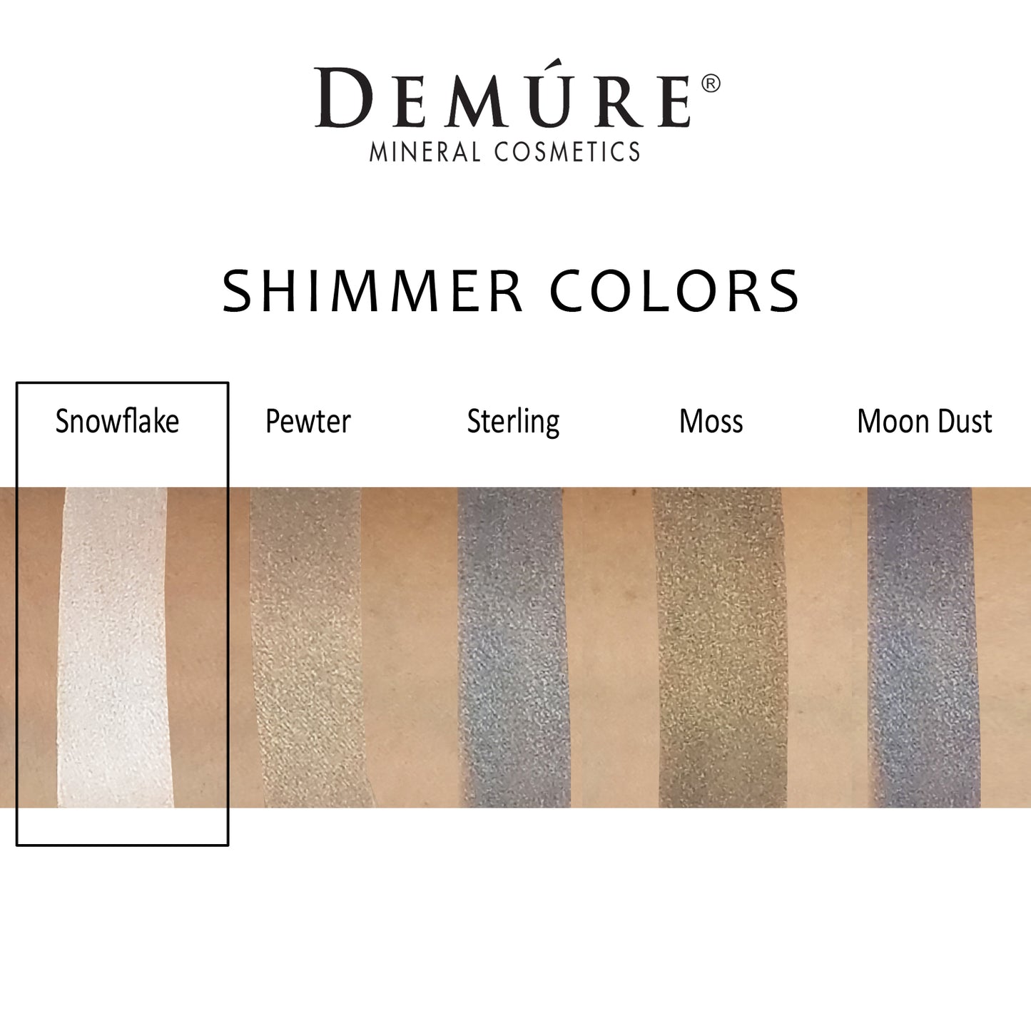 Woman's arm with a swatch of Snowflake eye color as well as four other complimentary colors