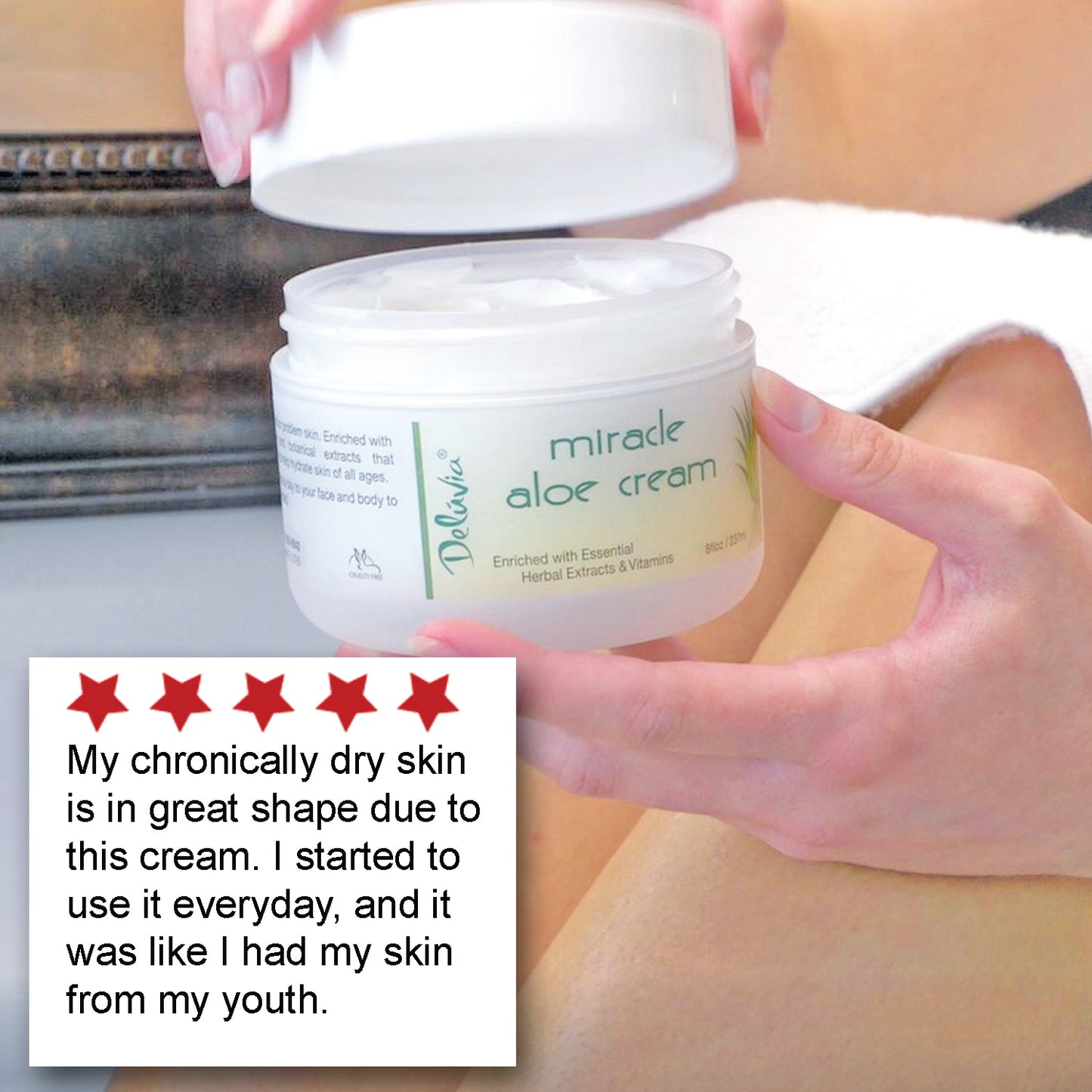 Woman opening a jar of Deluvia Miracle Aloe Cream and a customer testimonial in the corner