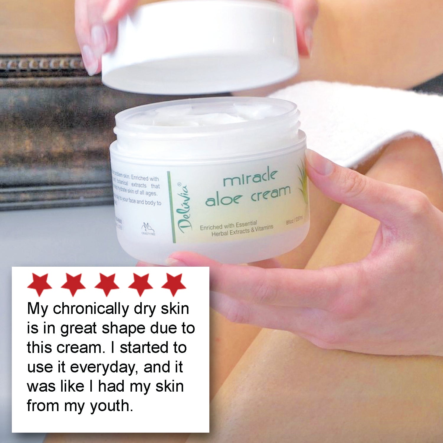 Woman opening a jar of Deluvia Miracle Aloe Cream and a customer testimonial in the corner