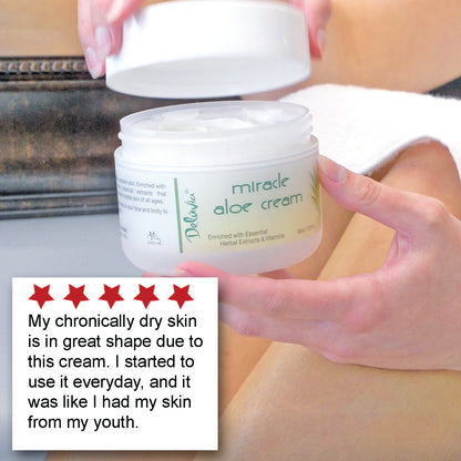 Woman opening a jar of Deluvia Miracle Aloe Cream and a customer testimonial in the corner