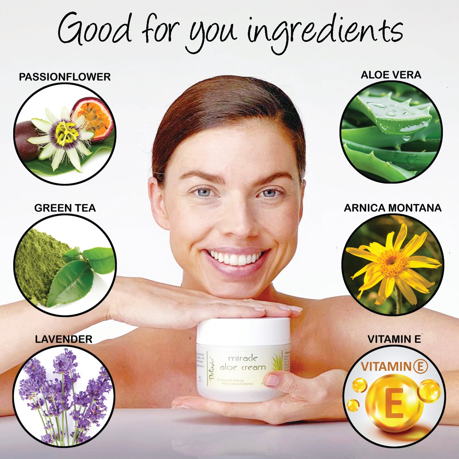 Smiling woman holding a jar of Miracle Aloe Cream and images of the key ingredients around her