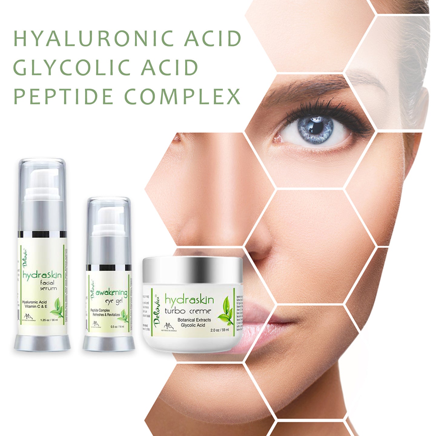 Photocomposition of the face of a woman with the "Awakening HydraSkin System" by Deluvia, including a facial serum with hyaluronic acid, an eye gel with a peptide complex, and a cream with botanical extracts and glycolic acid