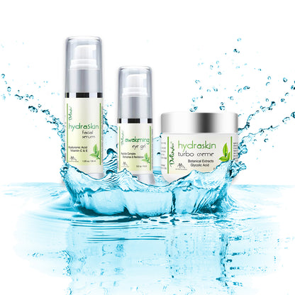 Photocomposition of the "Deluvia Awakening HydraSkin System including a facial serum with hyaluronic acid, an eye gel with a peptide complex,  and a cream with botanical extracts and glycolic acid 