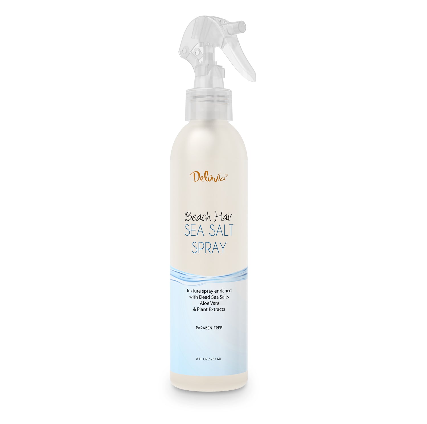Photo of a spray bottle of the Beach Hair Sea Salt Spray product of Deluvia