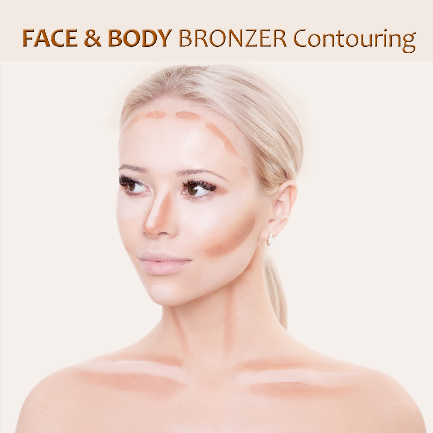An image of a woman showing where to use Face & Body Bronzer to create contour on the face and neck areas
