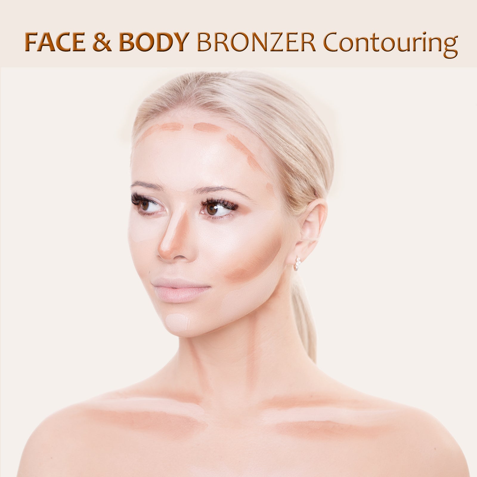 An image of a woman showing where to use Face & Body Bronzer to create contour on the face and neck areas