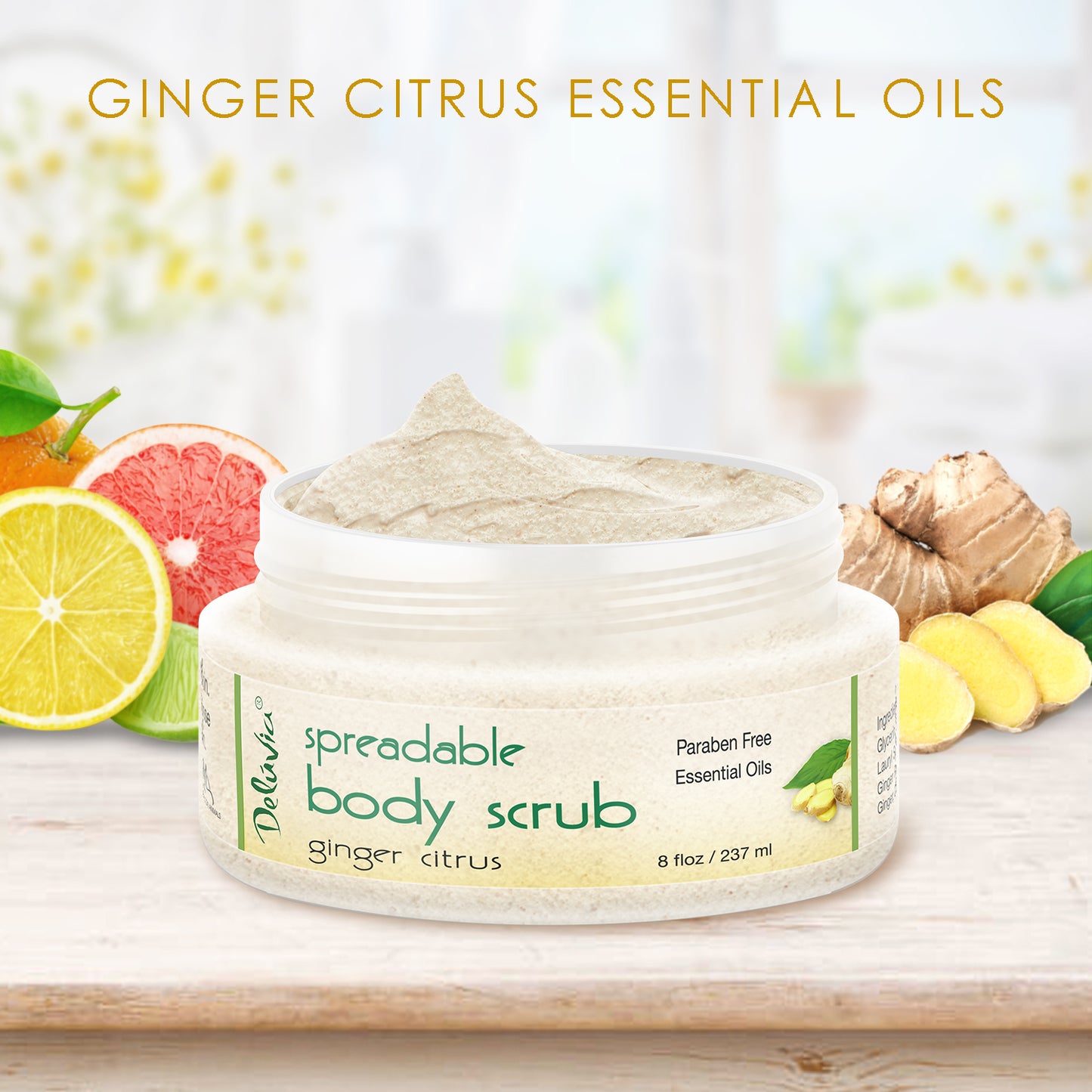Open jar of Ginger Citrus Spreadable Body Scrub - Deluvia