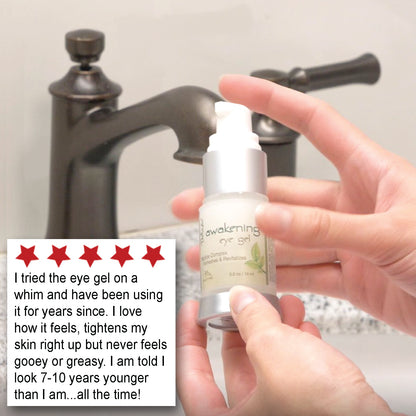 A woman holding the pump of a Deluvia Awakening Eye Gel by a sink, and a customer testimonial in the corner