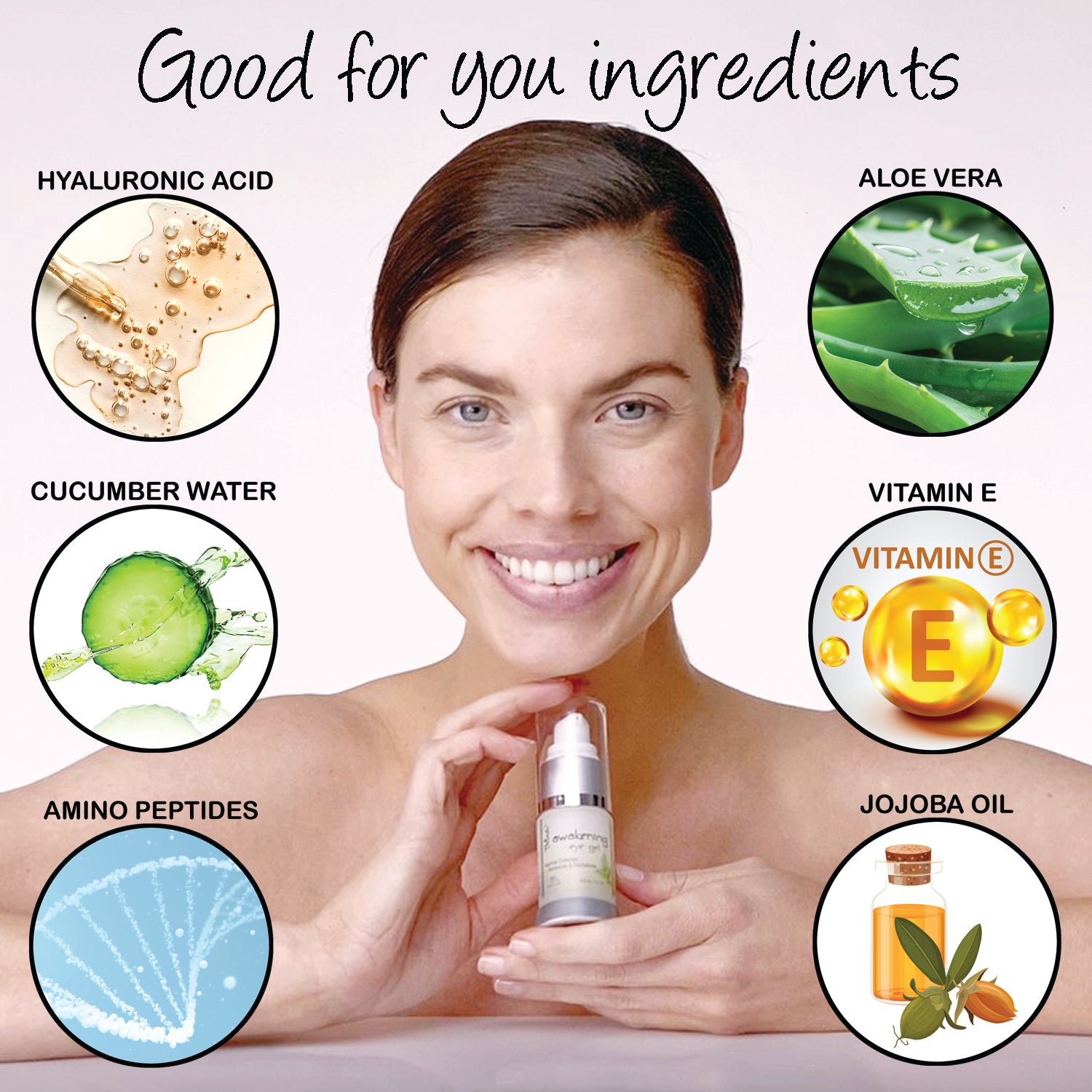 A smiling woman holding a Deluvia Awakening Eye Gel and a list of key ingredients