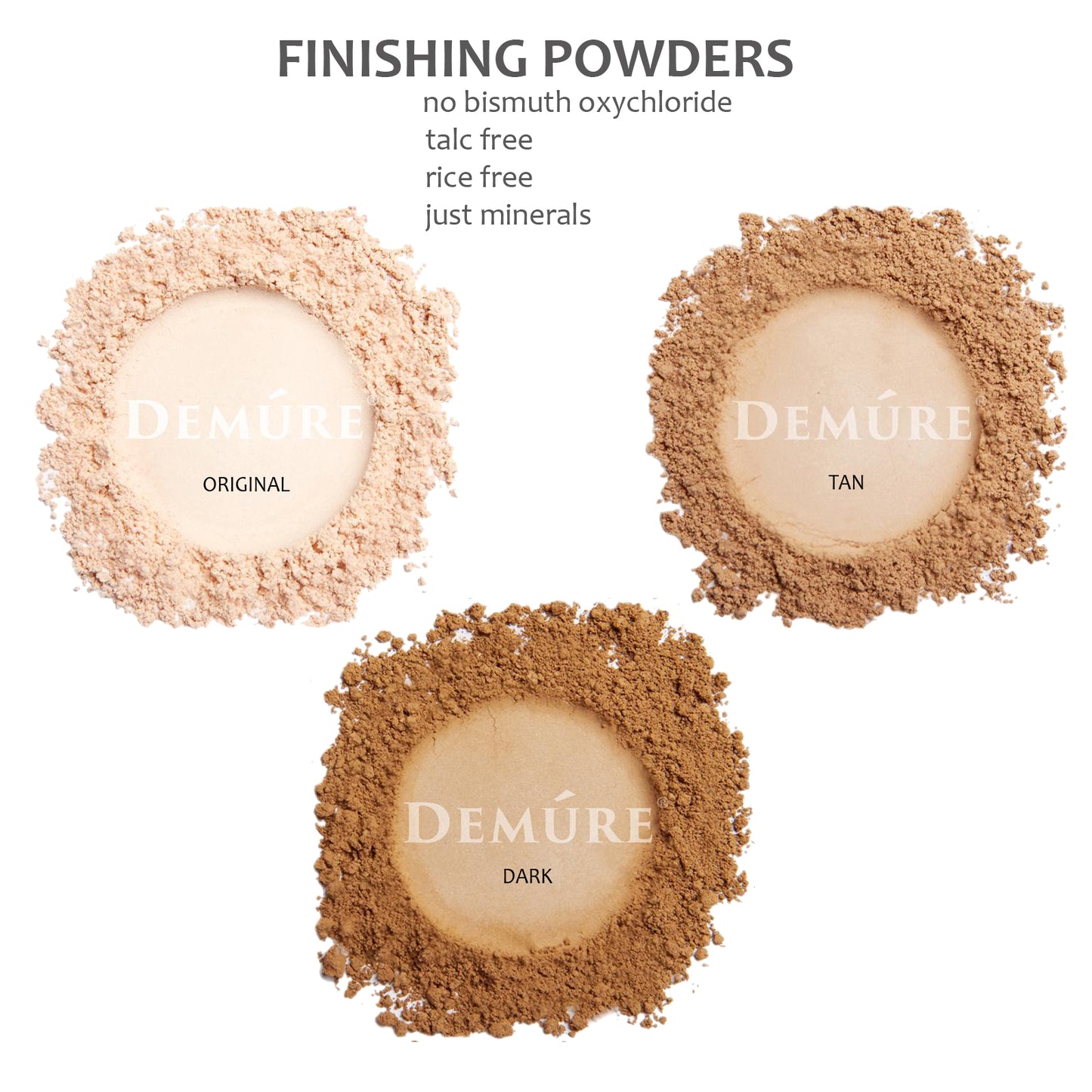 Color swatches of the three finishing setting powder color options for different skin tones.
