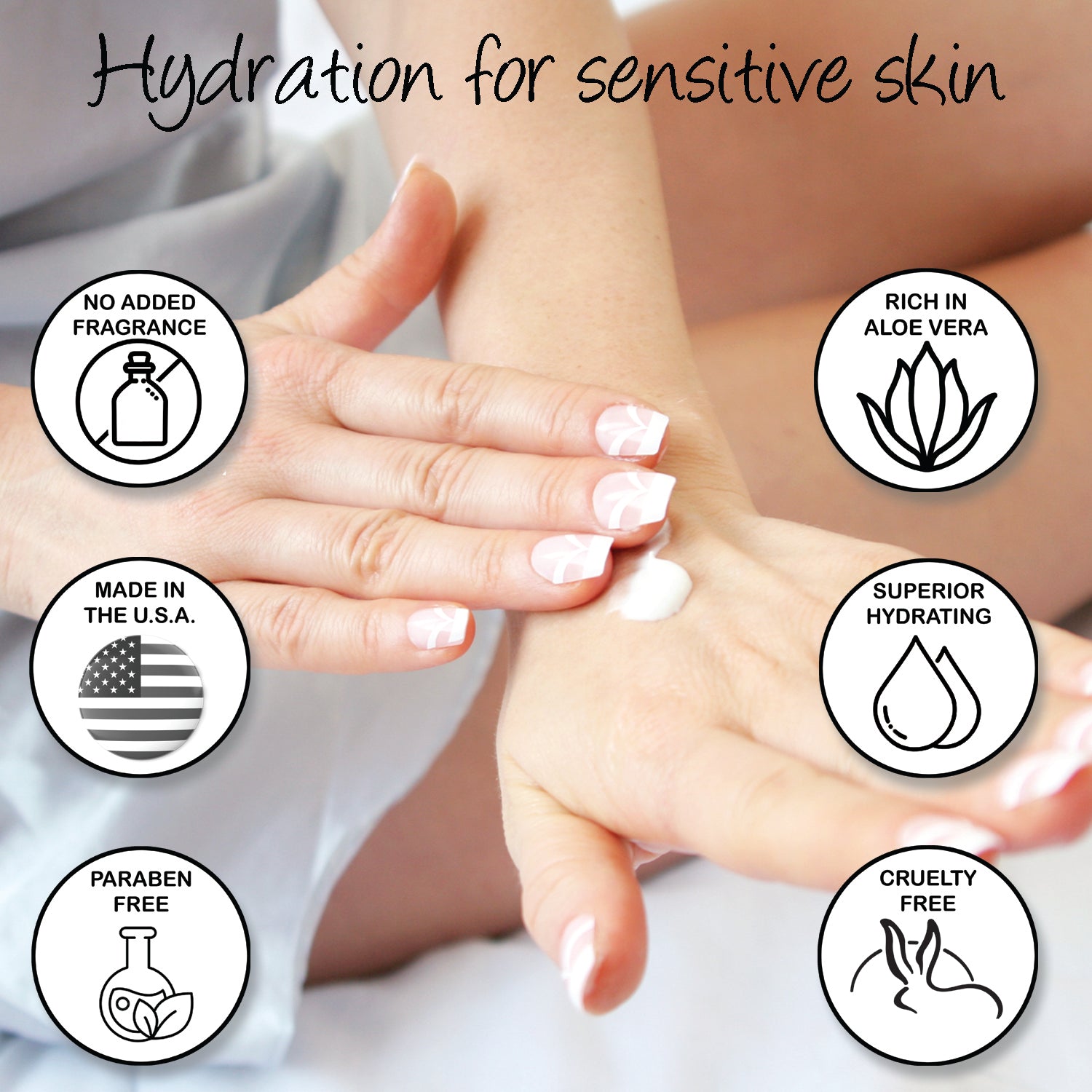 A photo of a woman applying lotion to her hands and call out features about the lotion