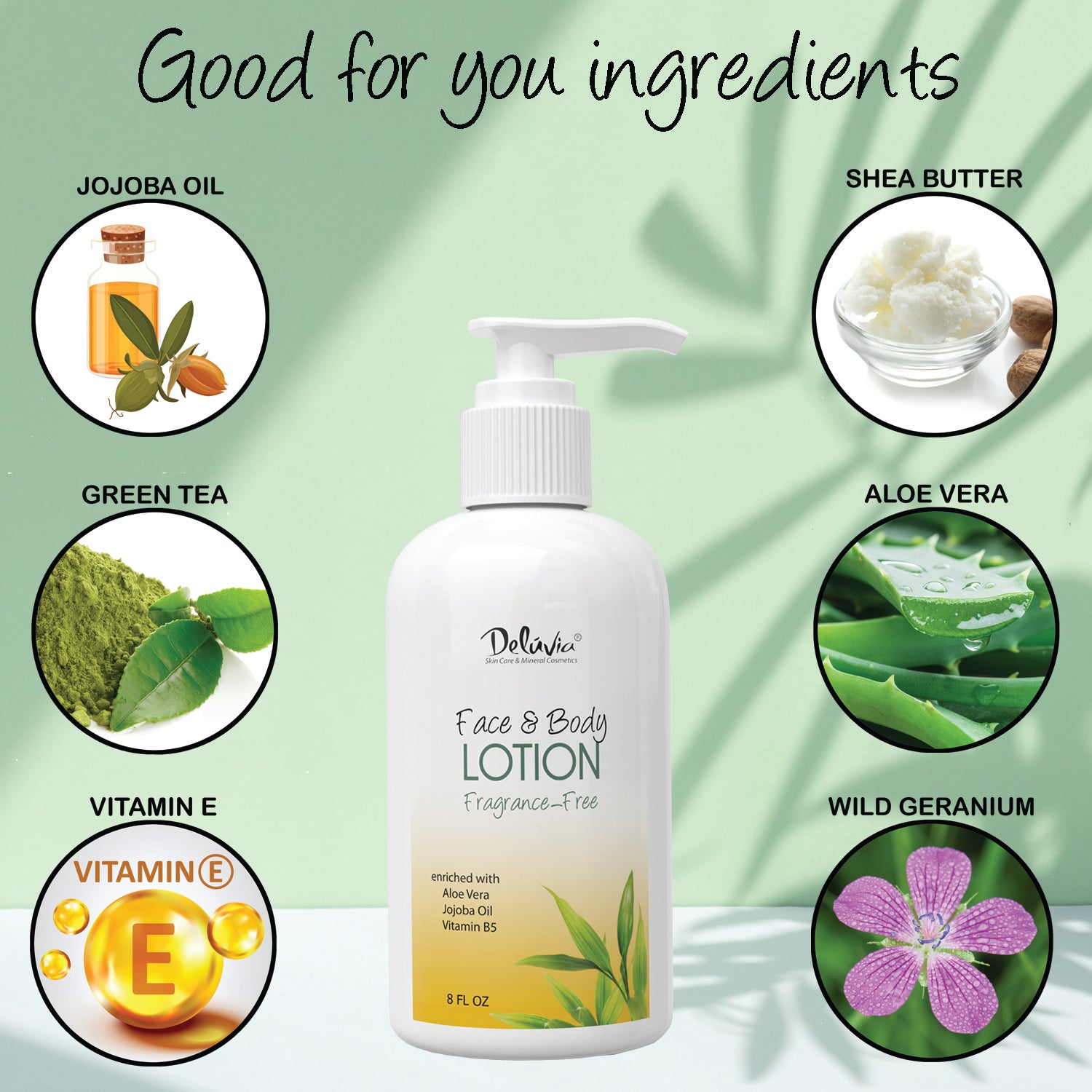 A photo of Deluvia Hand & Body Lotion on a green background featuring six good for you ingredients in the lotion.